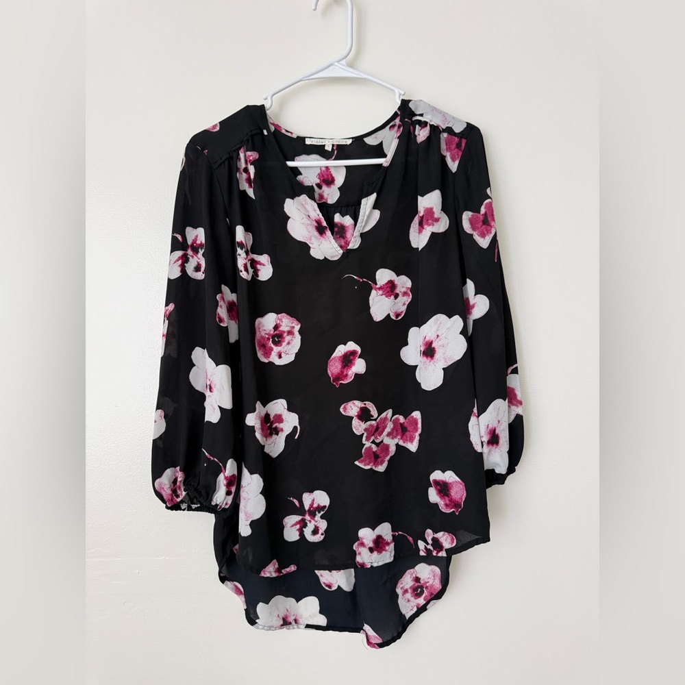 Violet & Claire Black Blouse with Pink Floral Design